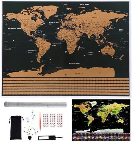 Karta med Skrapa med Accessoarer / Scratch Map / Världskarta - 82 x 59 cm