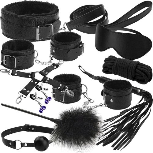 BDSM Bondage Kit med Handklovar, piska, munkavle - 12-Delar