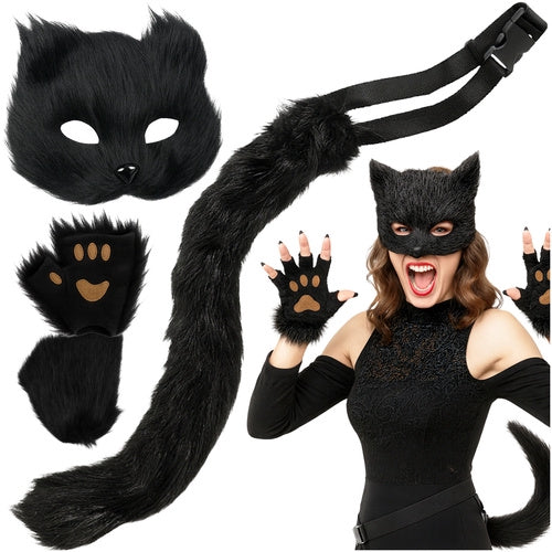 Kattmask med Tassar och Justerbar Svans - 4 Delar