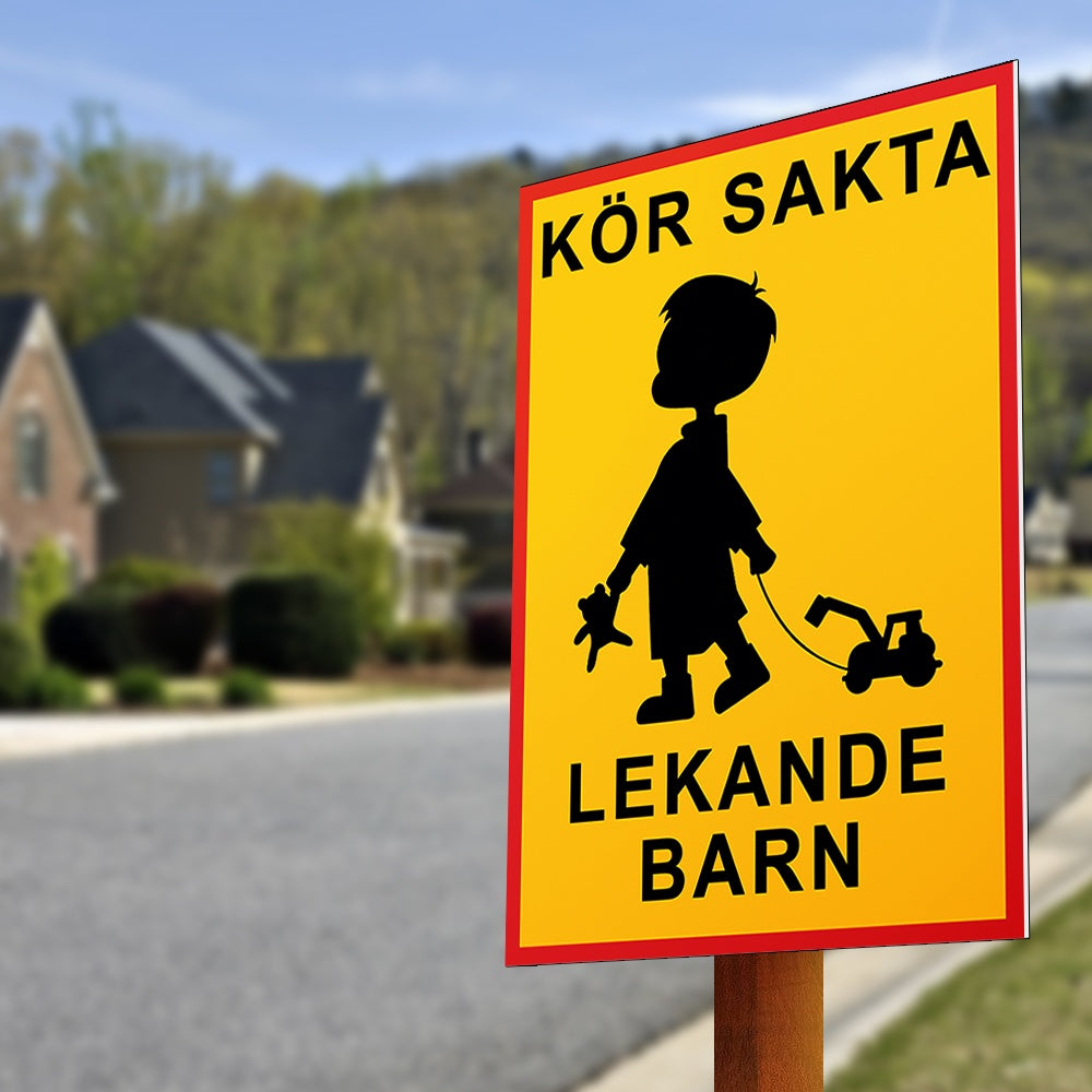 Kör Sakta Lekande Barn - Skylt / Varningsskylt - Trafikskylt - Välj Variant