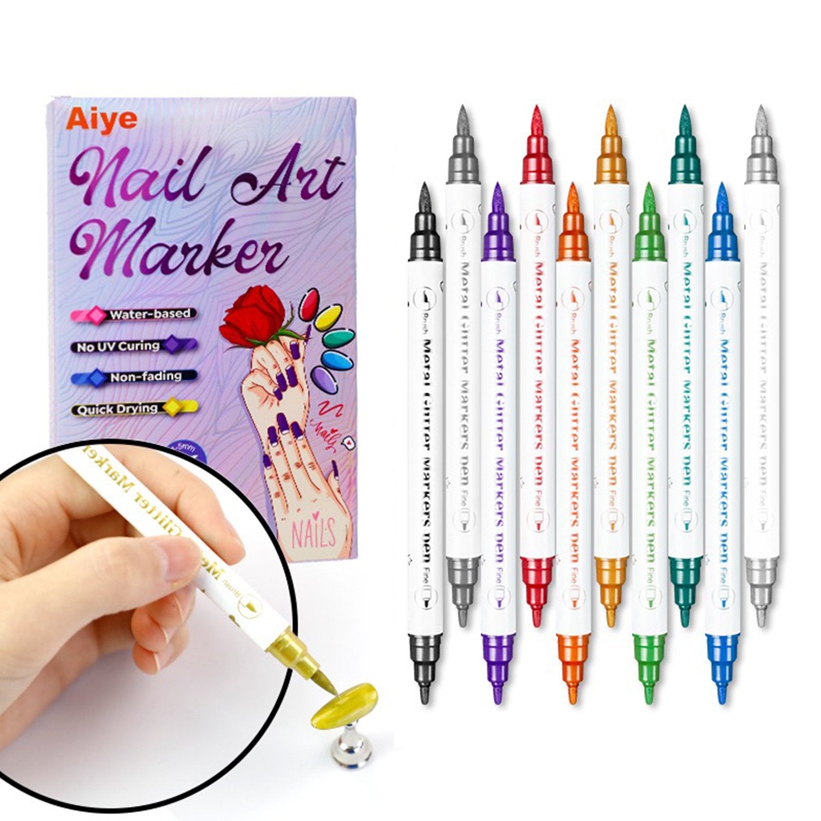 Nail Art Markers med Fin och Bred spets – 10 färger